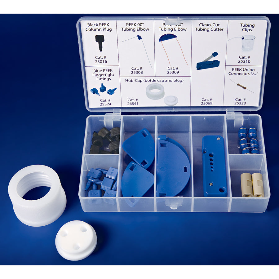 HPLC PEEK Performance Kit (includes Hub Cap Adapter w/Cap, Clean-Cut Tubing Cutter, Tubing Clips, Finger Tight Fittings, Column Plugs, 90/180 Elbows, Connectors)
