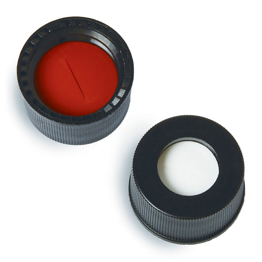 WISP 48 Screw Thread Caps, 13-425, Black Polypropylene, Open Top, Red PTFE/Silicone Septa, 0.060" with Slit, 100/pk