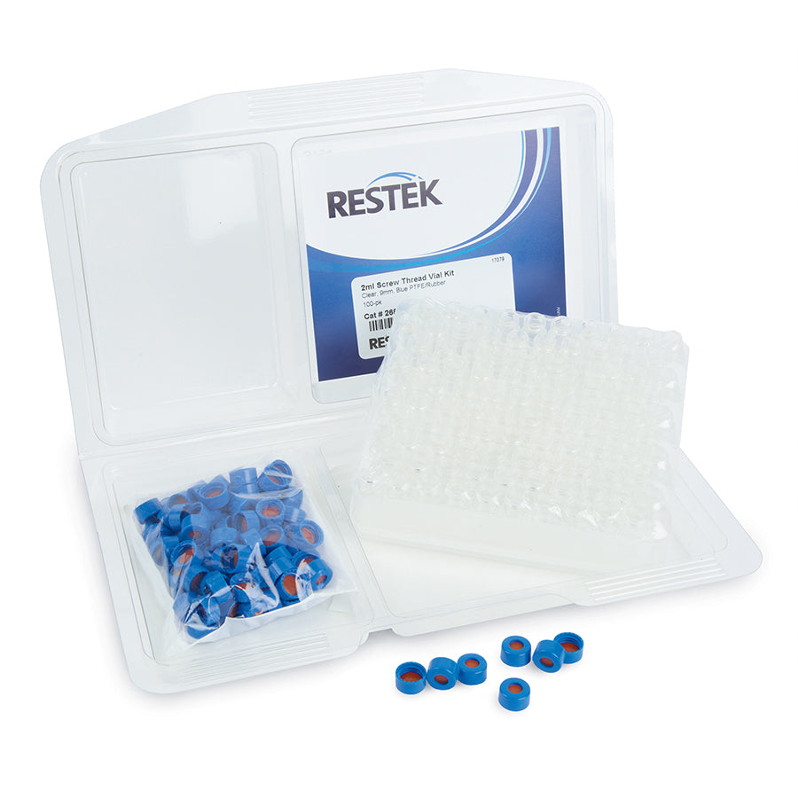 2 mL, Screw Thread Vial Kits, Clear w/Grad Marking Spot, 9 mm, Blue Cap PTFE/Butyl Rubber Liner, 100/pk