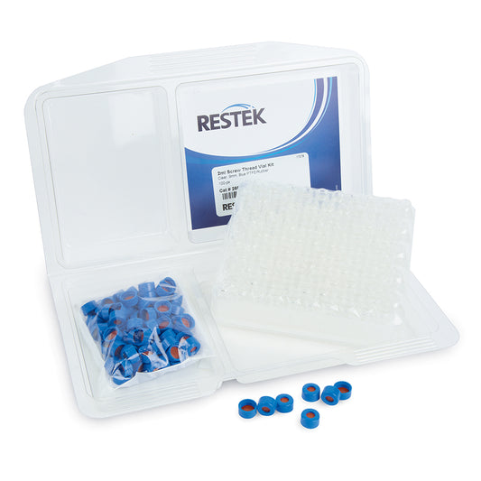 2 mL, Screw Thread Vial Kits, Clear w/Grad Marking Spot, 9 mm, Blue Cap PTFE/Butyl Rubber Liner, 100/pk