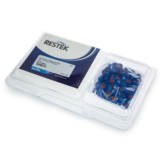 2 mL, Screw Thread Vial Kits, Clear w/Grad Marking Spot, 9 mm, Blue Cap PTFE/Silicone Liner, 100/pk