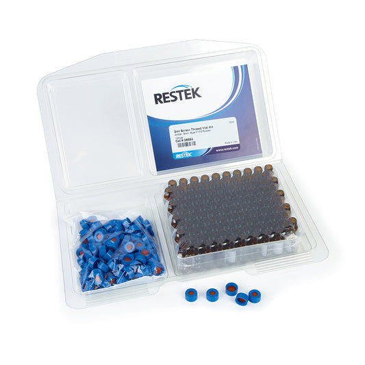 2 mL, Screw Thread Vial Kits, Amber w/Grad Marking Spot, 9 mm, Blue Cap PTFE/Butyl Rubber Liner, 1000/pk