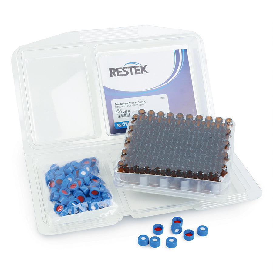 2 mL, Screw Thread Vial Kits, Amber w/Grad Marking Spot, 9 mm, Blue Cap PTFE/Silicone Liner, 100/pk