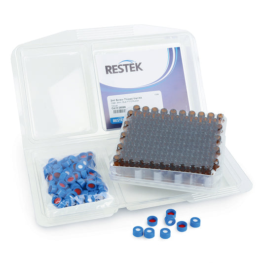 2 mL, Screw Thread Vial Kits, Amber w/Grad Marking Spot, 9 mm, Blue Cap PTFE/Silicone Liner, 100/pk