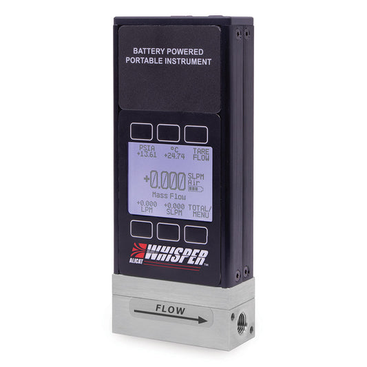 Portable Mass Flow Calibrator, Whisper Series, 0-50 SCCM, Monochrome Display, Battery Powered