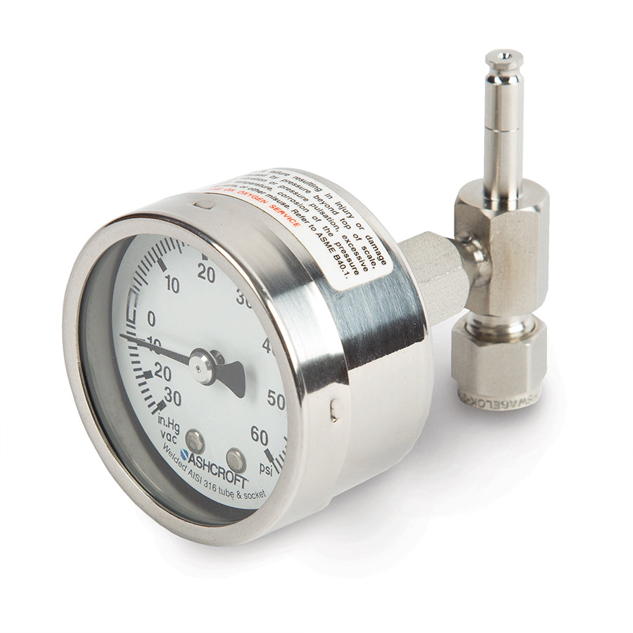 Male RAVEqc 3 Port Valve to ¼” Male Compression fitting with Gauge