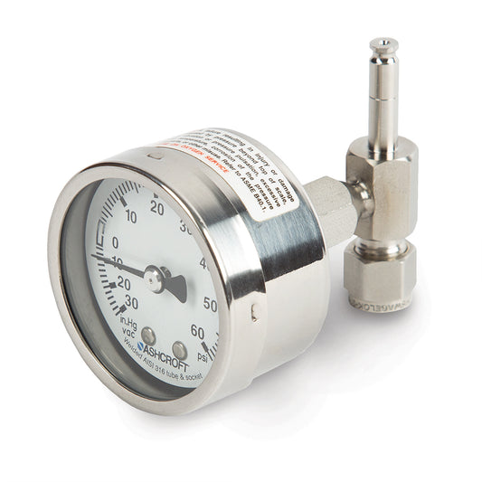 Male RAVEqc 3 Port Valve to ¼” Male Compression fitting with Gauge