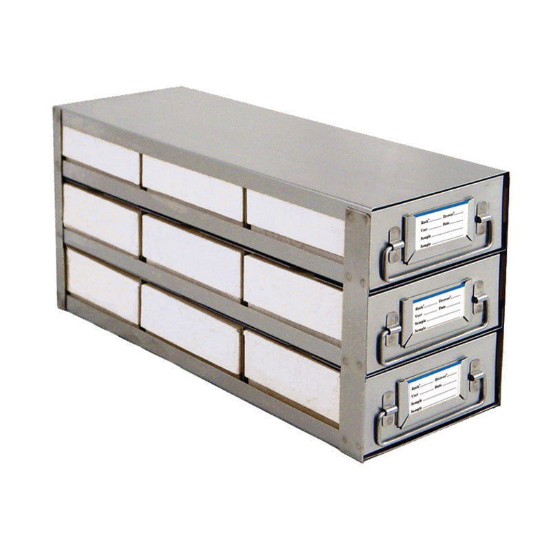 Image of US26323300 - 9-Place (3 Long x 3 High) Upright Freezer Sliding Rack For 2 In H Boxes, 16 1/2 In L x 5 1/2 In W x 7 1/8 In H, Stainless Steel