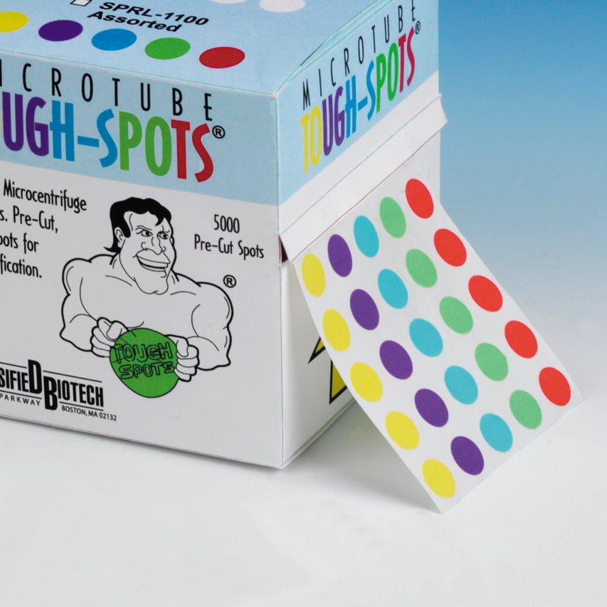 5-Across Tough-Spots®, Multi-Colored, 1/2" Diameter, for 1.5-2.0 mL Tubes, 5000 Labels Per Roll