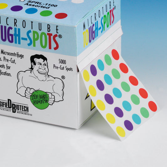 5-Across Tough-Spots®, Multi-Colored, 1/2" Diameter, for 1.5-2.0 mL Tubes, 5000 Labels Per Roll