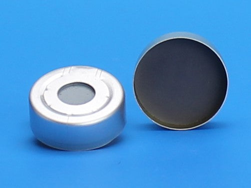 20 mm Pressure Release Seal, Silver Aluminum, with 0.131" PTFE/Molded Grey Butyl Rubber Septa, 100/pk