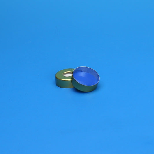 Seal, Magnetic, 20 mm, Gold, 8 mm Hole, with 0.060" Blue PTFE/White Silicone Septum