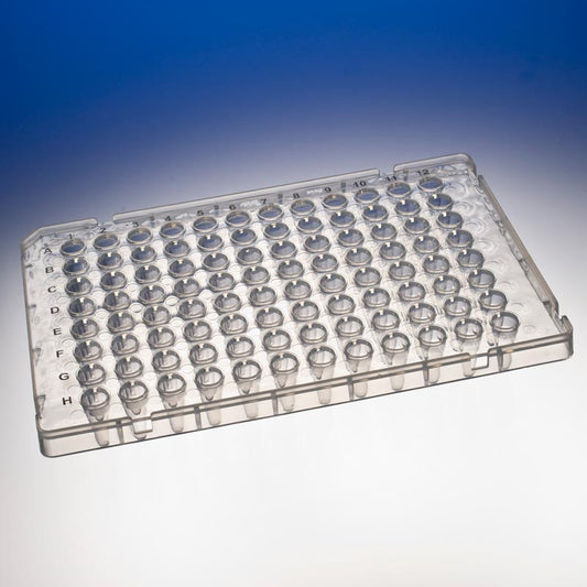 TempPlate® Semi-Skirted Polypropylene 0.1 mL 96-Well PCR Plate, Low Profile, Straight Sides with Raised Walls, Natural.  Two/Sleeve, 10/Box.