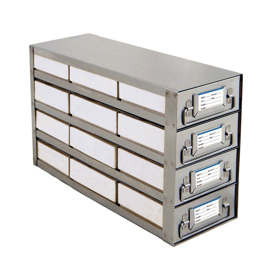 12-Place (3 Long x 4 High) Upright Freezer Sliding Rack For 2 In H Boxes, 16 1/2 In L x 5 1/2 In W x 9 7/16 In H, Stainless Steel