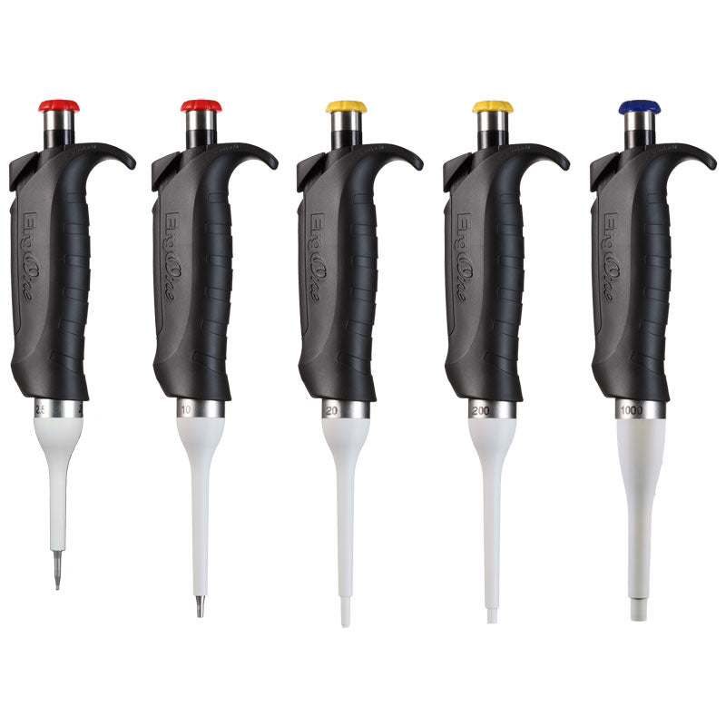 Set of 5 ErgoOne® Single Channel Pipettes. 2.5, 10, 20, 200, and 1000 µL