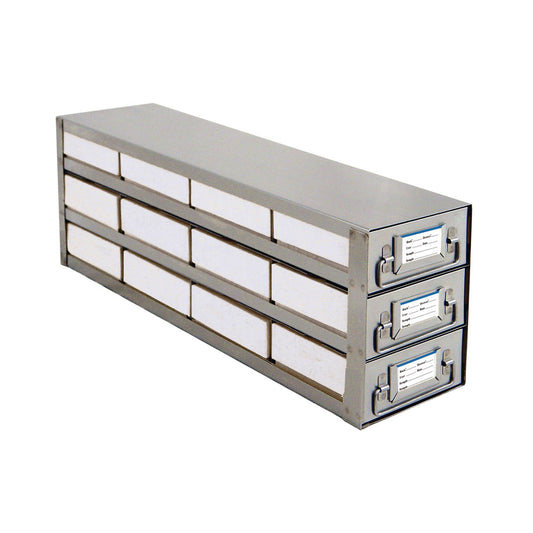 12-Place (4 Long x 3 High) Upright Freezer Sliding Rack For 2 In H Boxes, 22 In L x 5 1/2 In W x 7 1/8 In H, Stainless Steel