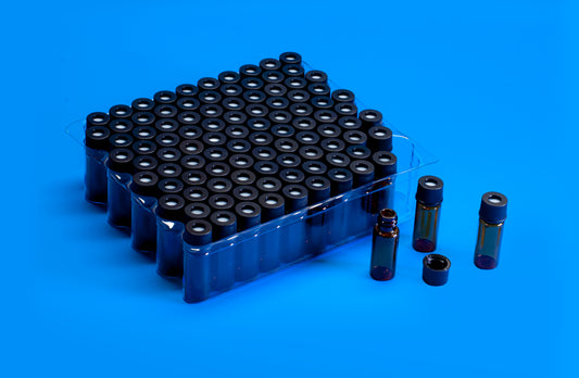 Amber 8-425 mm Threaded Vial, 12 x 32 mm, Black Polypropylene Cap, PTFE Septa, 0.010"