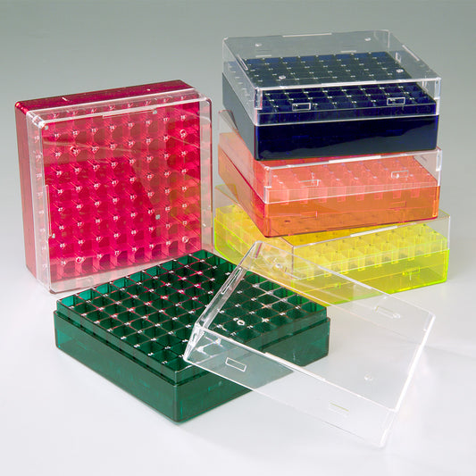 Polycarbonate 81-Place Box, Assorted Color Bases with Clear Lid, 5.2 In L x 5.2 In W x 2.1 In H, 5/Pack