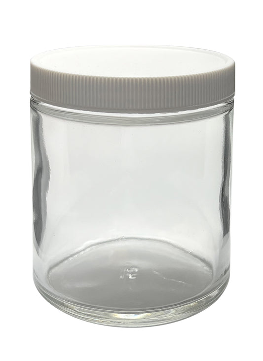 Precleaned - 8 oz, 250 mL, Tall Wide Mouth Jar, 62x127 mm, 58-400 mm Thread, White Closure, PTFE Lined