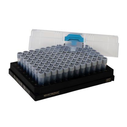 0.75ml 2D Data-Matrix Coded Push Cap Tubes V-bottom in Micronic EFC 96-2 Rack RM with cover (Barcoded A1-H1 side), 4 x 10 Racks