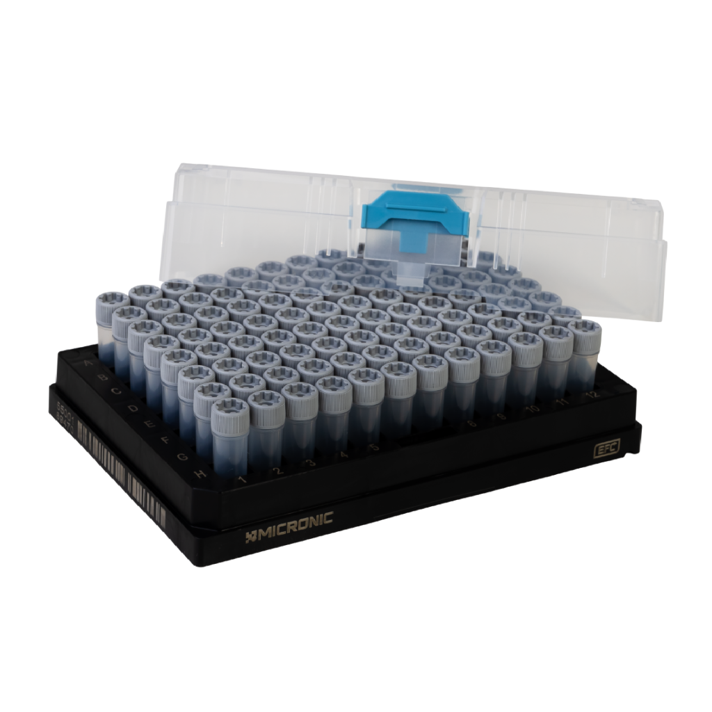 Micronic EFC 96-2 Rack RM with cover for 0.75ml tubes capped with Push Caps or Screw Caps (empty) (Barcoded A1-H1 side), 4 x 10 Racks