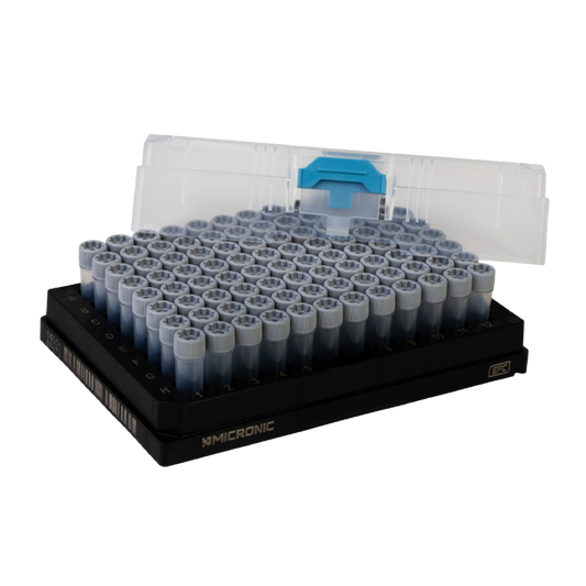 Micronic EFC 96-2 Rack RM with cover for 0.75ml tubes capped with Push Caps or Screw Caps (empty) (Barcoded A1-H1 side), 4 x 10 Racks