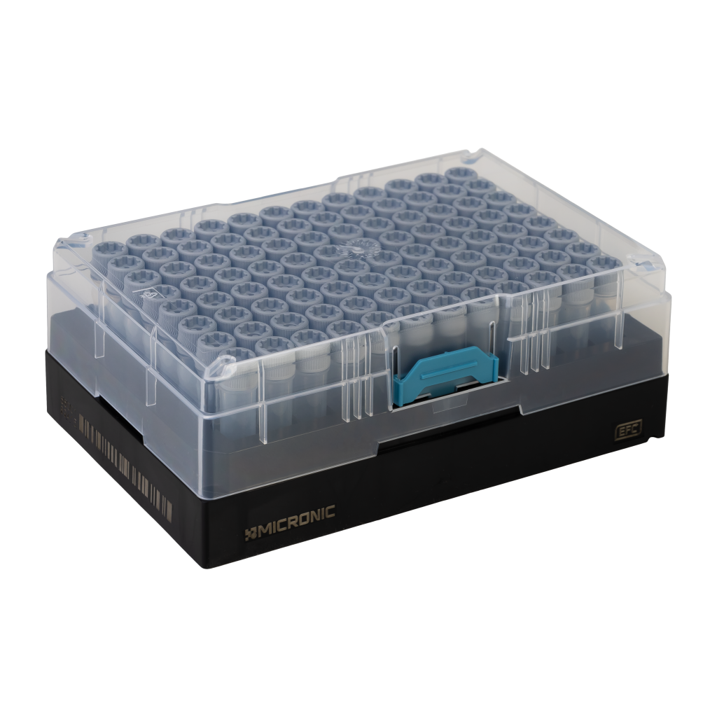 Micronic EFC 96-3 Rack RM with cover for 1.10ml tubes capped with Push Caps or Screw Caps (empty) (Barcoded A1-H1 side), 4 x 10 Racks