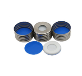 Magnetic Screw Cap, 18 mm, Silver Steel, with Blue PTFE/White Silicone Microcenter SPME Septa, Minimum Order Quantity of 10 Packages