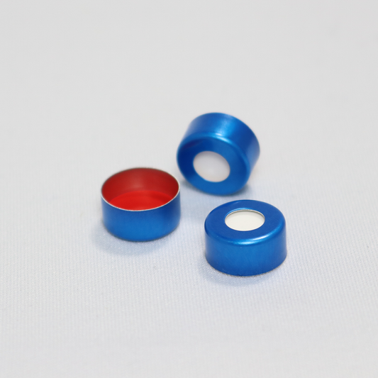 Crimp Cap, CHROMSPEC 11mm Blue Aluminum, Open Top, with 0.040" Thick Red PTFE/White Silicone Septum, Minimum Order Quantity of 20 Packages