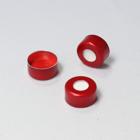 Crimp Cap, CHROMSPEC, 11mm Red Aluminum, Open Top, with 0.040" Thick Red PTFE/White Silicone Septum, Minimum Order Quantity of 20 Packages