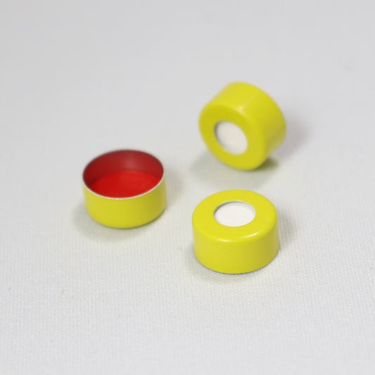 Crimp Cap, CHROMSPEC 11mm Yellow Aluminum, Open Top, with 0.040" Thick Red PTFE/White Silicone Septum, Minimum Order Quantity of 20 Packages