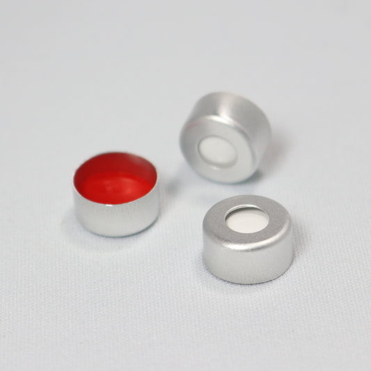 Crimp Cap, CHROMSPEC 11mm Silver Aluminum, Open Top, with 0.040" Thick Red PTFE/White Silicone Septum, Minimum Order Quantity of 20 Packages