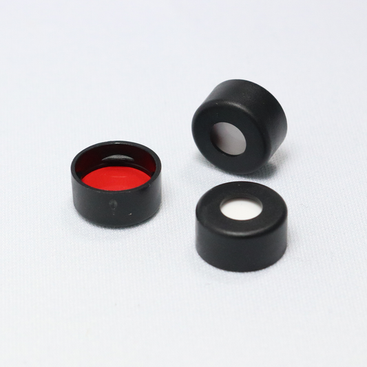 Snap Cap, CHROMSPEC 11 mm, Open Top, Black, with 0.040" Red PTFE/White Easy Pierce Silicone Septum, Minimum Order Quantity of 20 Packages