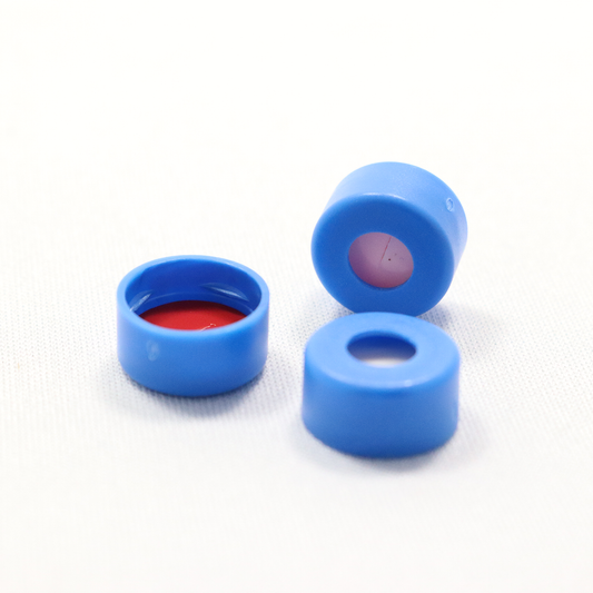 Snap Cap, CHROMSPEC 11 mm, Open Top, Blue, with Pre-Slit 0.040" Red PTFE/White Easy Pierce Silicone Septum