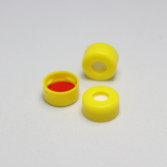 Snap Cap, CHROMSPEC 11 mm, Open Top, Yellow, with 0.040" Red PTFE/White Easy Pierce Silicone Septum, Minimum Order Quantity of 20 Packages