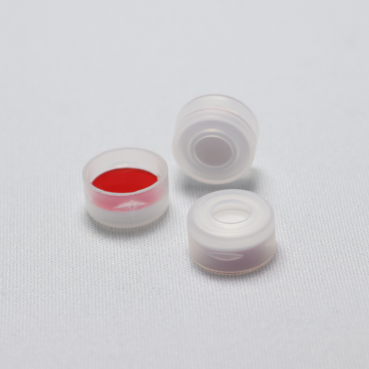 Snap Cap, CHROMSPEC 11 mm, Open Top, Clear, with 0.040" Red PTFE/White Easy Pierce Silicone Septum, Minimum Order Quantity of 20 Packages