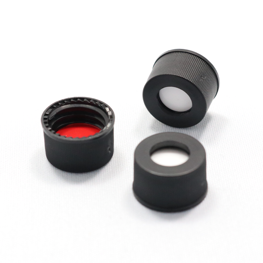 Screw Cap, CHROMSPEC, 13-425 Open Top, Black PP, with 0.060" Red PTFE/White Easy Pierce Silicone Septum, Minimum Order Quantity of 20 Packages