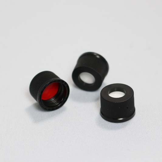 Screw Cap, CHROMSPEC, 8-425, Open Top, Black, with 0.060" Red PTFE/White Easy Pierce Silicone Septum, Minimum Order Quantity of 20 Packages