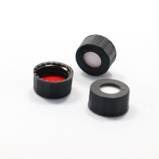 Screw Cap, CHROMSPEC, 9 mm, Open Top, Black with 0.040" Red PTFE/White Easy Pierce Silicone Septum, Minimum Order Quantity of 20 Packages