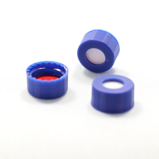 Screw Cap, CHROMSPEC, 9 mm, Open Top, Blue with 0.040" Red PTFE/White Easy Pierce Silicone Septum