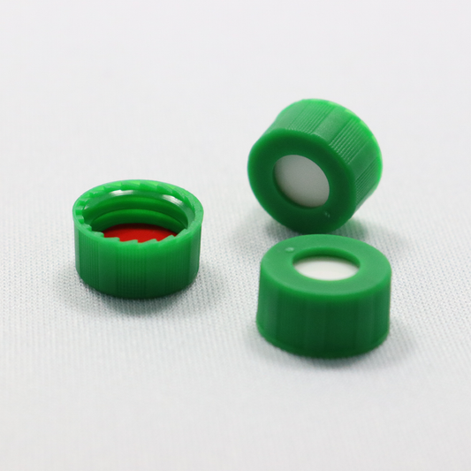 Screw Cap, CHROMSPEC, 9 mm, Open Top, Green with 0.040" Red PTFE/White Easy Pierce Silicone Septum