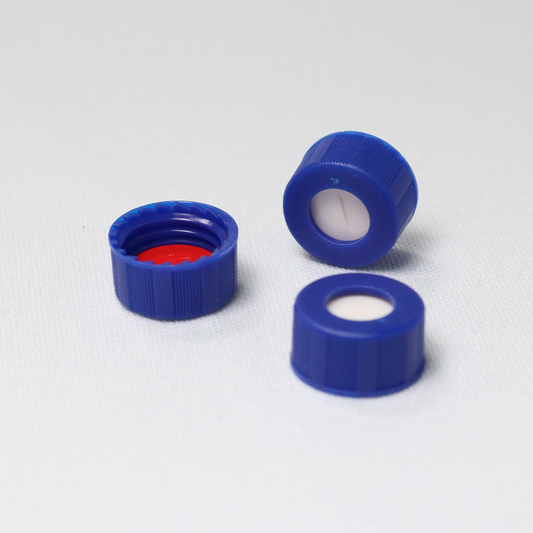 Screw Cap, CHROMSPEC, 9 mm, Open Top, Blue with Pre-Slit 0.040" Red PTFE/White Easy Pierce Silicone Septum