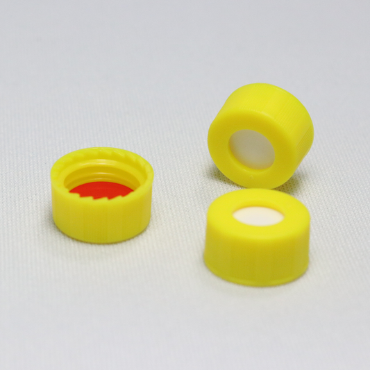 Screw Cap, CHROMSPEC, 9 mm, Open Top, Yellow, with 0.040" Red PTFE/White Easy Pierce Silicone Septum, Minimum Order Quantity of 20 Packages