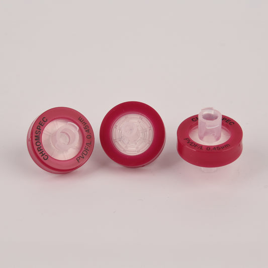 CHROMSPEC™ TestPlus Syringe Filters, 13 mm, Hydrophilic PVDF, 0.45 µm, Dark Red, Female Luer Lok/Male Luer Slip, Non-cancellable, Non-returnable