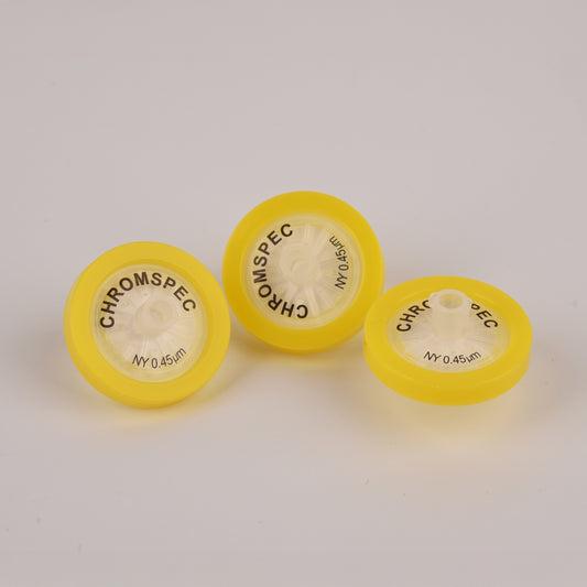 CHROMSPEC™ TestPlus Syringe Filters, 25 mm, Hydrophilic Nylon, 0.45 µm, Yellow, Female Luer Lok/Male Luer Slip, Non-cancellable, Non-returnable