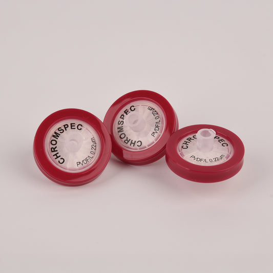 CHROMSPEC™ TestPlus Syringe Filters, 25 mm, Hydrophilic PVDF, 0.22 µm, Dark Red, Female Luer Lok/Male Luer Slip, Non-cancellable, Non-returnable