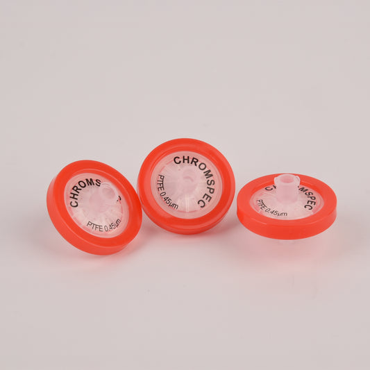 CHROMSPEC™ TestPlus Syringe Filters, 25 mm, Hydrophobic PTFE, 0.45 µm, Red, Female Luer Lok/Male Luer Slip, Non-cancellable, Non-returnable