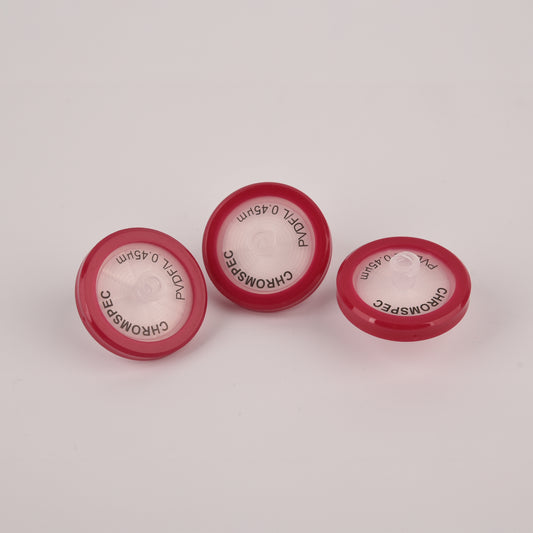 CHROMSPEC™ TestPlus Syringe Filters, 33 mm, Hydrophilic PVDF, 0.45 µm, Dark Red, Female Luer Lok/Male Luer Slip, Non-cancellable, Non-returnable