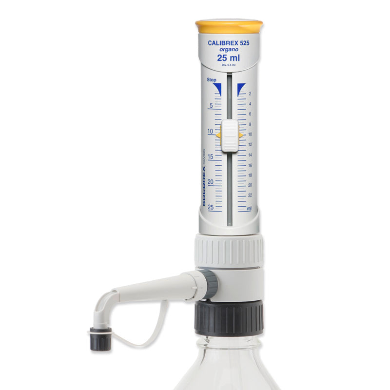 Calibrex™ organo 525 Bottle-top Dispenser, Ground Glass Plunger, Stopcock, Autoclavable, 2.5 - 25 mL