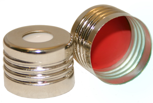 Screw Cap, CHROMSPEC, Magnetic, 18 mm, Silver, with 0.080" Red PTFE/White Low Bleed Silicone Septum, Minimum Order Quantity of 20 Packages